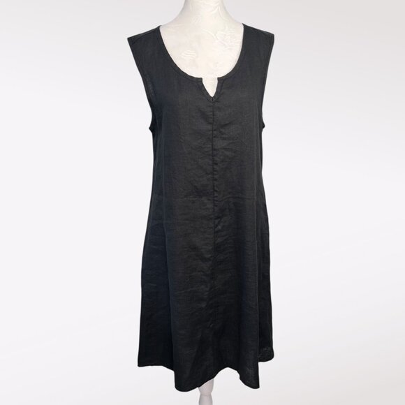 Flax 100% Linen Sleeveless Midi Dress Black Notch Neck Size Small - Picture 1 of 10